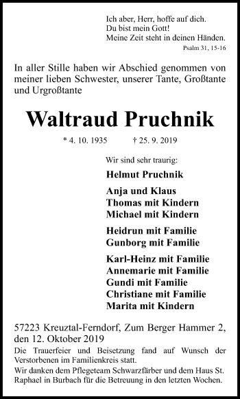 Traueranzeige von Waltraud Pruchnik von Siegener Zeitung