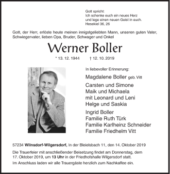 Traueranzeige von Werner Boller von Siegener Zeitung