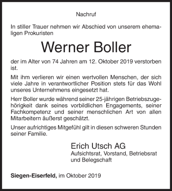 Traueranzeige von Werner Boller von Siegener Zeitung