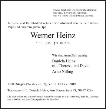 Traueranzeige von Werner Heinz von Siegener Zeitung
