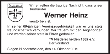 Traueranzeige von Werner Heinz von Siegener Zeitung
