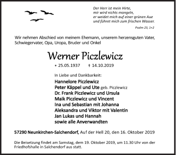 Traueranzeige von Werner Piclewicz von Siegener Zeitung