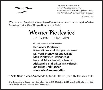 Traueranzeige von Werner Piczlewicz von Siegener Zeitung