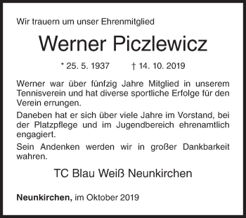 Traueranzeige von Werner Piczlewicz von Siegener Zeitung