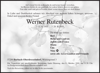 Traueranzeige von Werner Rutenbeck von Siegener Zeitung