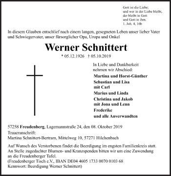 Traueranzeige von Werner Schnittert von Siegener Zeitung