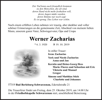 Traueranzeige von Werner Zacharias von Siegener Zeitung