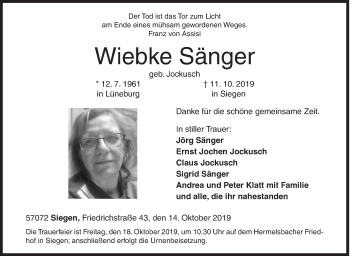 Traueranzeige von Wiebke Sänger von Siegener Zeitung