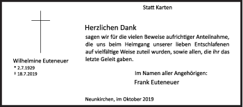Traueranzeige von Wilhelmine Euteneuer von Siegener Zeitung