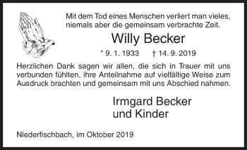 Traueranzeige von Willy Becker von Siegener Zeitung