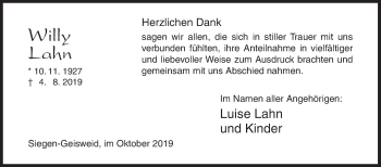 Traueranzeige von Willy Lahn von Siegener Zeitung