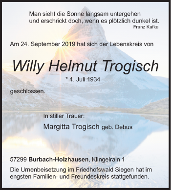 Traueranzeige von Willy Helmut Trogisch von Siegener Zeitung