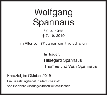 Traueranzeige von Wolfgang Spannaus von Siegener Zeitung