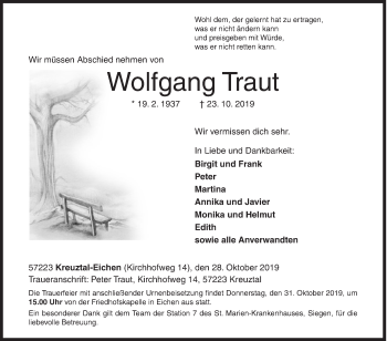Traueranzeige von Wolfgang Traut von Siegener Zeitung
