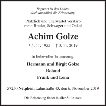 Traueranzeige von Achim Golze von Siegener Zeitung