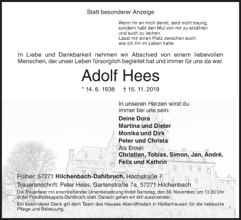 Traueranzeige von Adolf Hees von Siegener Zeitung