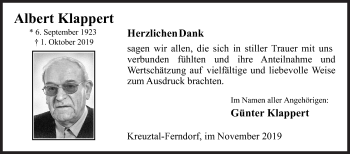 Traueranzeige von Albert Klappert von Siegener Zeitung
