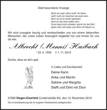 Traueranzeige von Albrecht Haibach von Siegener Zeitung