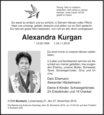 Traueranzeige von Alexandra Kurgan von Siegener Zeitung