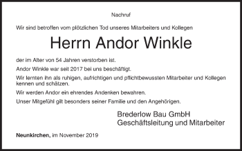 Traueranzeige von Andor Winkle von Siegener Zeitung