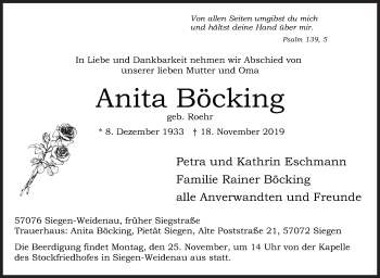 Traueranzeige von Anita Böcking von Siegener Zeitung