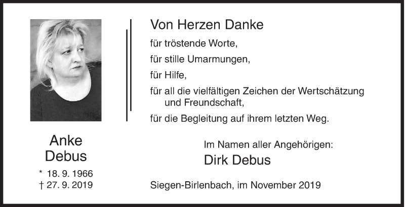  Traueranzeige für Anke Debus vom 02.11.2019 aus Siegener Zeitung