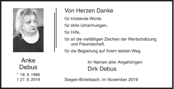 Traueranzeige von Anke Debus von Siegener Zeitung