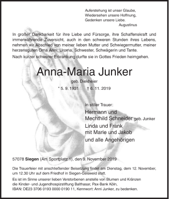 Traueranzeige von Anna-Maria Junker von Siegener Zeitung