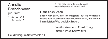 Traueranzeige von Annelie Brandemann von Siegener Zeitung