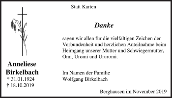 Traueranzeige von Anneliese Birkelbach von Siegener Zeitung