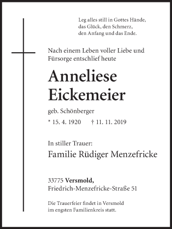 Traueranzeige von Anneliese Eickemeier von Siegener Zeitung