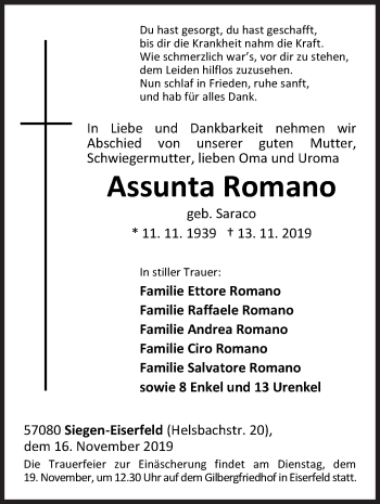 Traueranzeige von Assunta Romano von Siegener Zeitung
