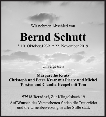 Traueranzeige von Bernd Schutt von Siegener Zeitung