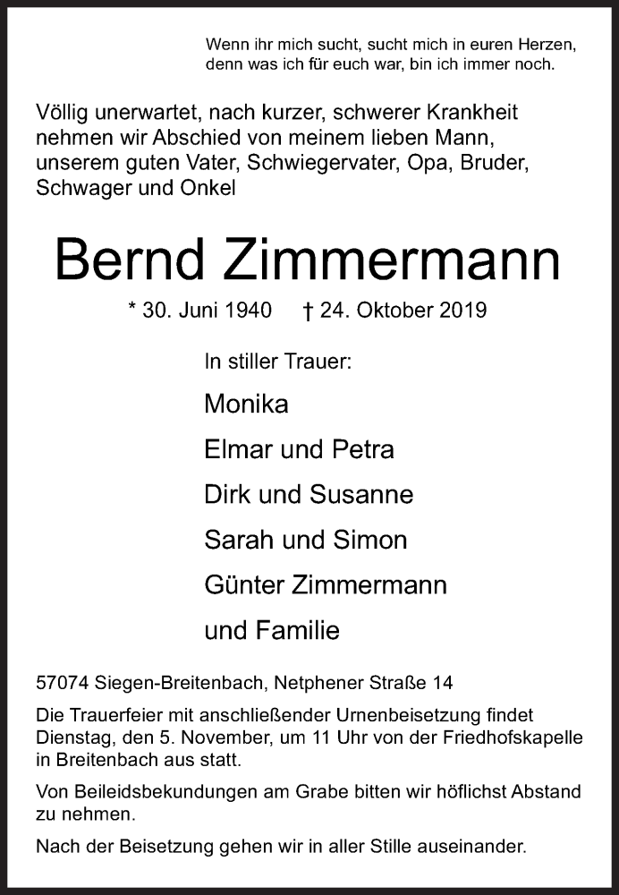  Traueranzeige für Bernd Zimmermann vom 02.11.2019 aus Siegener Zeitung