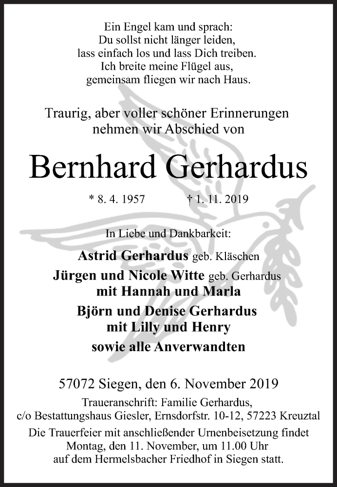  Traueranzeige für Bernhard Gerhardus vom 06.11.2019 aus Siegener Zeitung