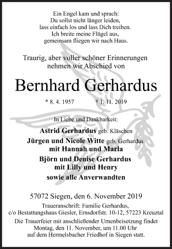 Traueranzeige von Bernhard Gerhardus von Siegener Zeitung
