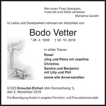 Traueranzeige von Bodo Vetter von Siegener Zeitung