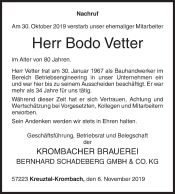 Traueranzeige von Bodo Vetter von Siegener Zeitung