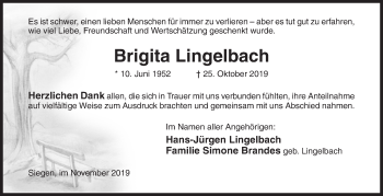 Traueranzeige von Brigita Lingelbach von Siegener Zeitung