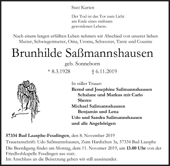 Traueranzeige von Brunhilde Saßmannshausen von Siegener Zeitung