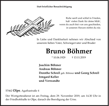Traueranzeige von Bruno Böhmer von Siegener Zeitung