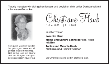 Traueranzeige von Christiane Haub von Siegener Zeitung