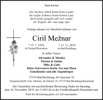 Traueranzeige von Ciril Mežnar von Siegener Zeitung