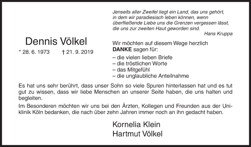  Traueranzeige für Dennis Völkel vom 09.11.2019 aus Siegener Zeitung