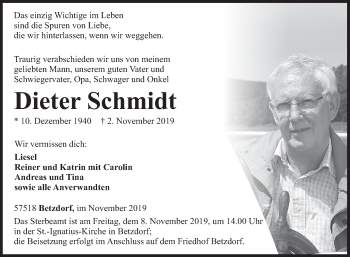 Traueranzeige von Dieter Schmidt von Siegener Zeitung