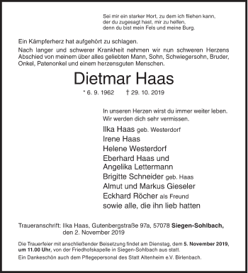 Traueranzeige von Dietmar Haas von Siegener Zeitung