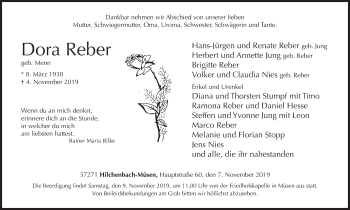 Traueranzeige von Dora Reber von Siegener Zeitung