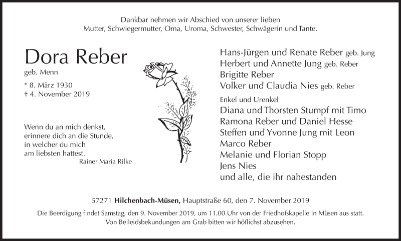  Traueranzeige für Dora Reber vom 07.11.2019 aus Siegener Zeitung