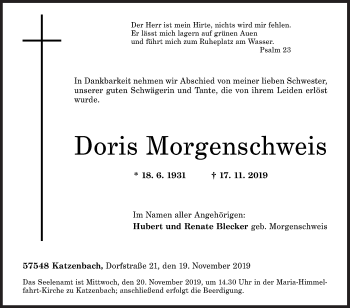 Traueranzeige von Doris Morgenschweis von Siegener Zeitung