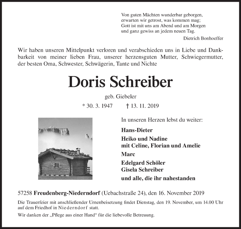  Traueranzeige für Doris Schreiber vom 16.11.2019 aus Siegener Zeitung